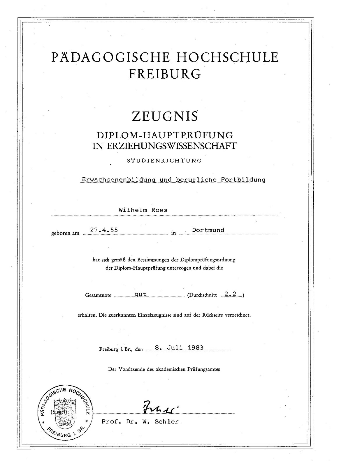 Diploma from Pedagogical University of Freiburg